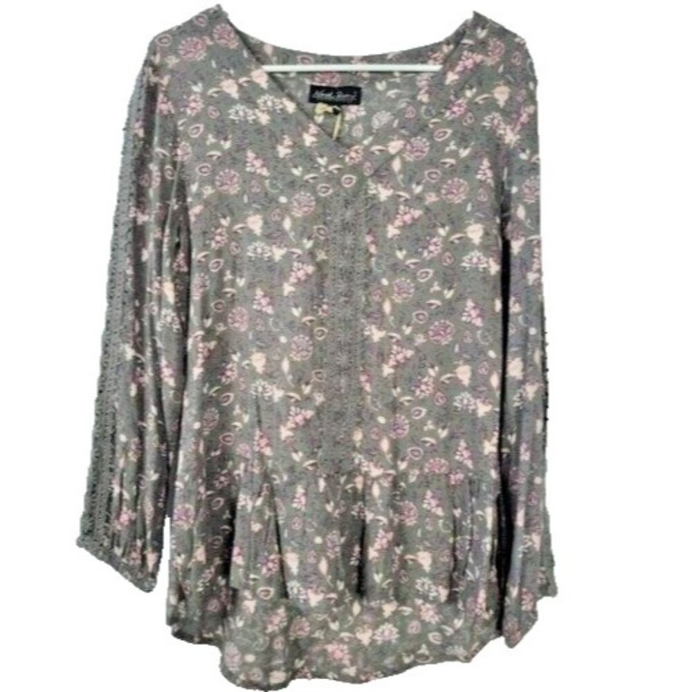 North River‎ Womens BOHO Blouse Top Small Gray Floral Ruffled Casual Cottagecore